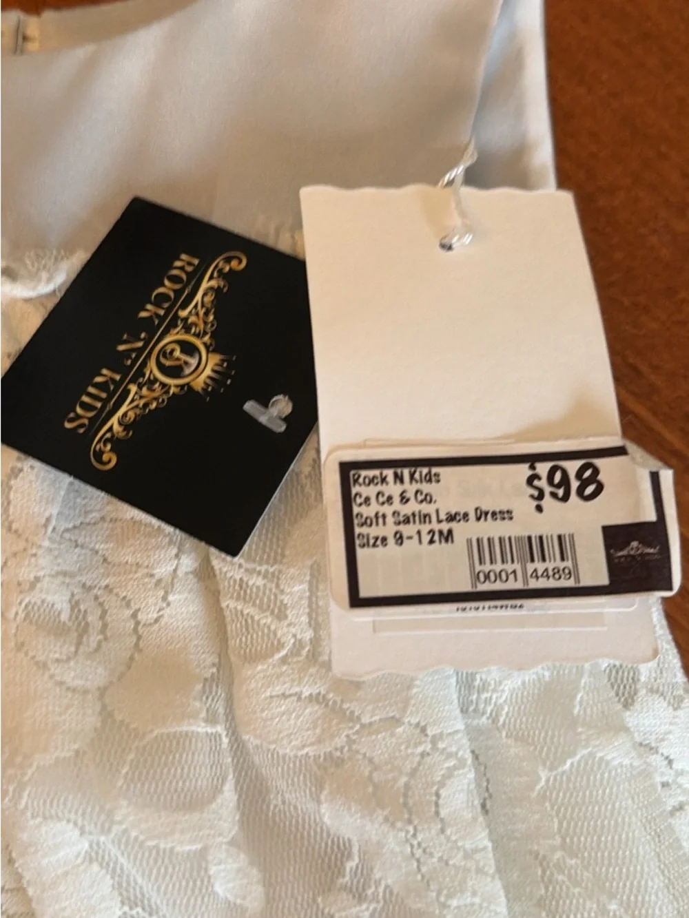 Lace Infant Bubble Dress in Light Ivory with Light Grey Satin Trim 9-12M